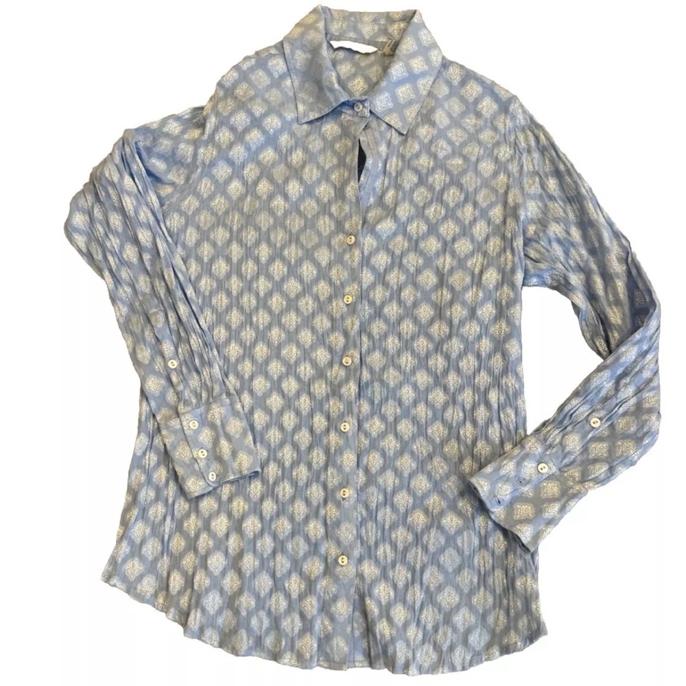 Soft Surroundings Womens Button Up Shirt Light Blue Long Sleeve Cuff Pleated XS